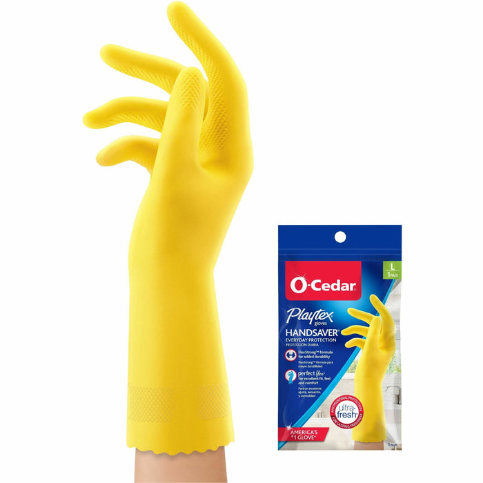 O-Cedar Playtex Handsaver Gloves - Hot Water, Chemical Protection - Large Size - Latex, Nitrile, Neoprene - Yellow - Long Lasting, Durable, Anti-microbial, Odor Resistant, Comfortable, Textured Fingertip, Textured Palm, Reusable - For Household, Cleaning