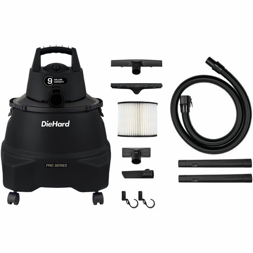 DieHard 9-Gallon 5.5 HP Pro Wet/Dry Vacuum - 9 gal - Squeegee, Hose, Wand, Filter, Crevice Tool, Pick-up Tool, Floor Tool - Wet Surface, Dry Surface - 10 ft Cable Length - 7 ft Hose Length - Rich Black