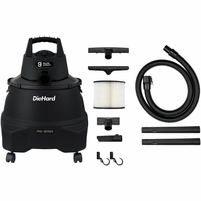 DieHard 9-Gallon 5.5 HP Pro Wet/Dry Vacuum - 9 gal - Squeegee, Hose, Wand, Filter, Crevice Tool, Pick-up Tool, Floor Tool - Wet Surface, Dry Surface - 10 ft Cable Length - 7 ft Hose Length - Rich Black