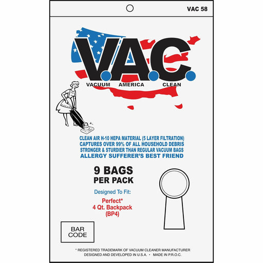 V.A.C. Perfect 4-Quart Backpack Vacuum Bags - 9/Pack - 5 / Bundle - 1 gal - White