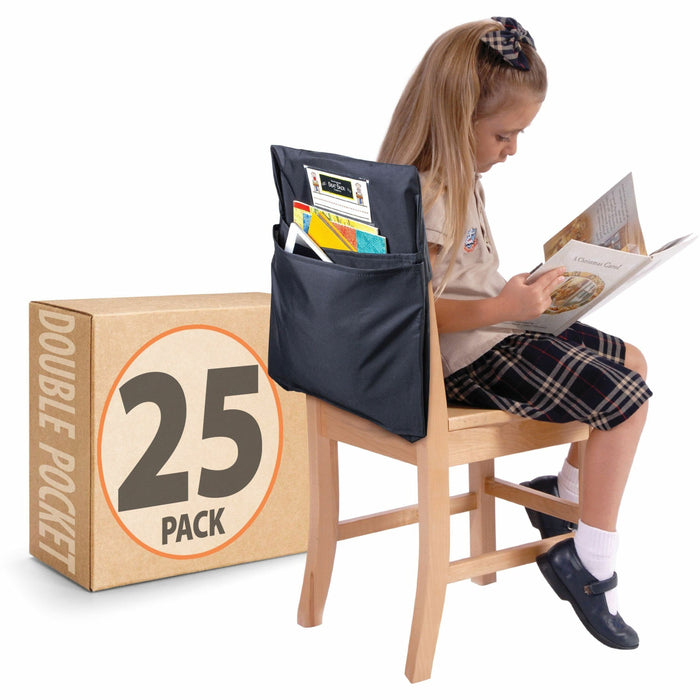 Seat Sack 25-Count 2-Pocket Classroom Pack - 2 Pocket(s) - 2 Compartment(s) - 15" Width x 2" Depth - Chair - Washable, Durable, Laminated - Black - Poly Cotton - 25/Pack - 1 Carton