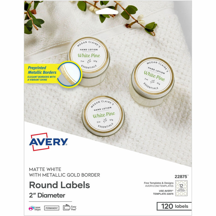 Avery® Multipurpose Label - x 2" Diameter - Permanent Adhesive - Round - Laser, Inkjet - Matte - Gold, Matte White - Gold Border - Paper - 12 / Sheet - 10 Total Sheets - 120 Total Label(s) - 120 / Pack
