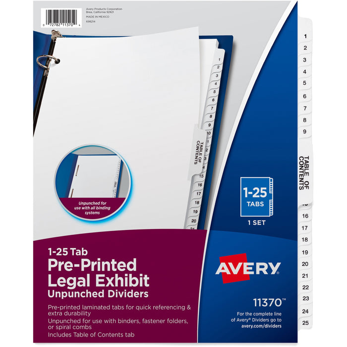 Avery® Index Divider - 1 x Divider(s) - Side Tab(s) - 1-25, Table of Contents - 26 Tab(s)/Set - 8.5" Divider Width x 11" Divider Length - Letter - 8.50" Width x 11" Length - Paper Divider - White Tab(s) - 20% Recycled - 25 / Set