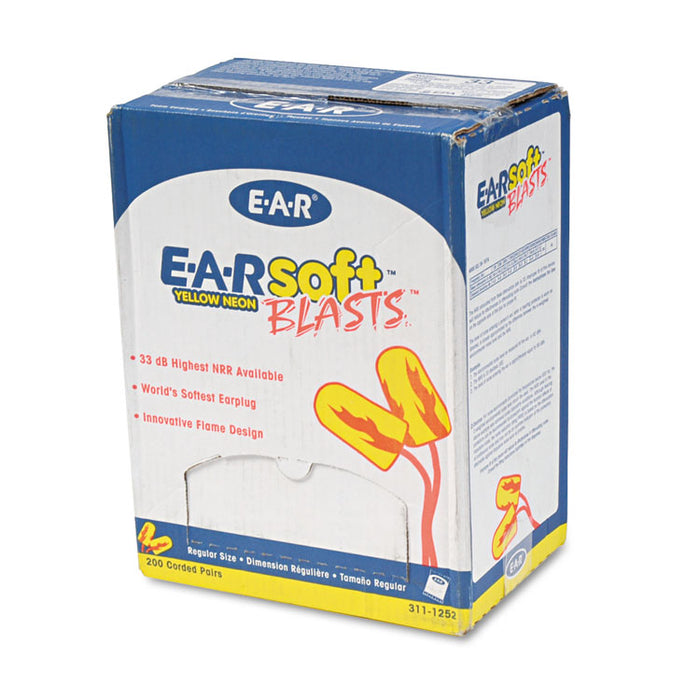 E-A-Rsoft Yellow Neon Blasts Soft Foam Earplugs, Corded, 33 dB NRR, One Size Fits Most, Yellow/Orange Bullet Plugs, 200/Box
