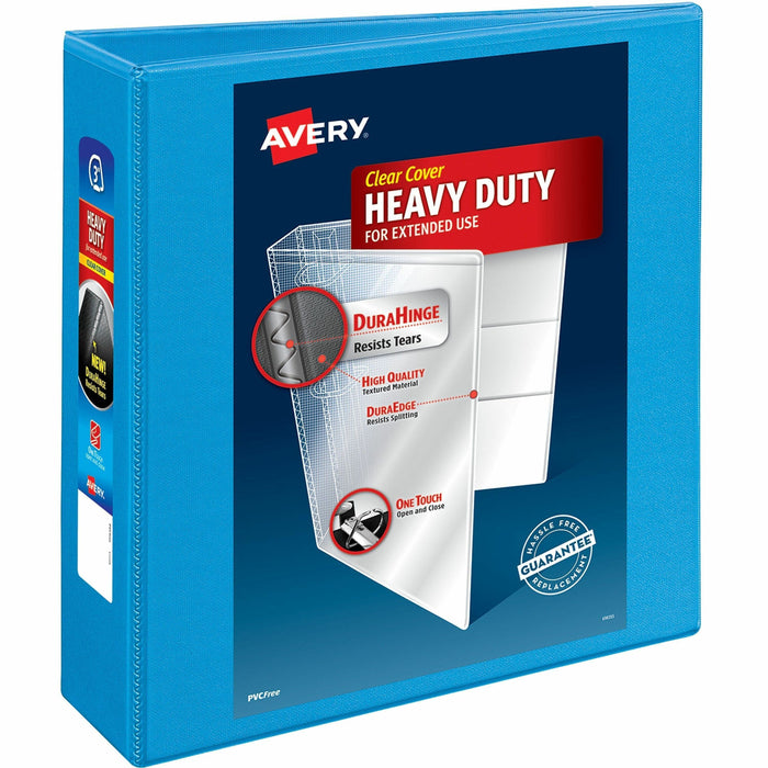 Avery® Heavy-duty Nonstick View Binder - 3" Binder Capacity - Letter - 8 1/2" x 11" Sheet Size - 600 Sheet Capacity - 3 Ring - Fastener: Slant D-Ring - Pocket: 4, Internal - Poly - Light Blue - Gap-free Ring, Non-stick, Stacked Pocket, Exposed Rivet, Heav