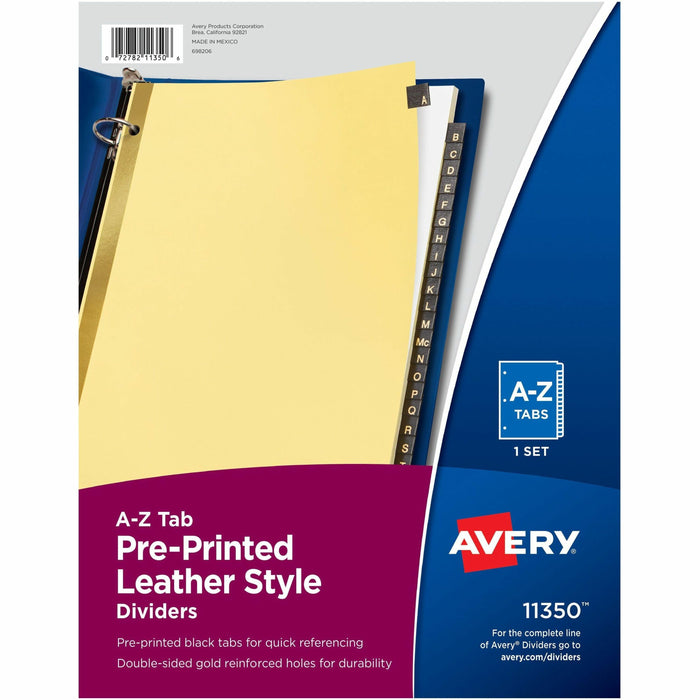 Avery® Preprinted Tab Dividers - Gold Reinforced Edge - Printed Tab(s) - Character - A-Z - 25 Tab(s)/Set - 8.5" Divider Width x 11" Divider Length - Letter - 3 Hole Punched - Buff Divider - Black Leather Tab(s) - 30% Recycled - Reinforced, Punched - 1 Set