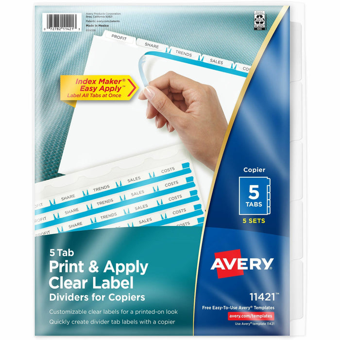 Avery® Print & Apply Clear Label Dividers - Index Maker Easy Peel Printable Labels - 5 x Divider(s) - Blank Tab(s) - 5 Tab(s)/Set - 8.5" Divider Width x 11" Divider Length - Letter - White Divider - White Tab(s) - 0% - Punched - 1 Pack