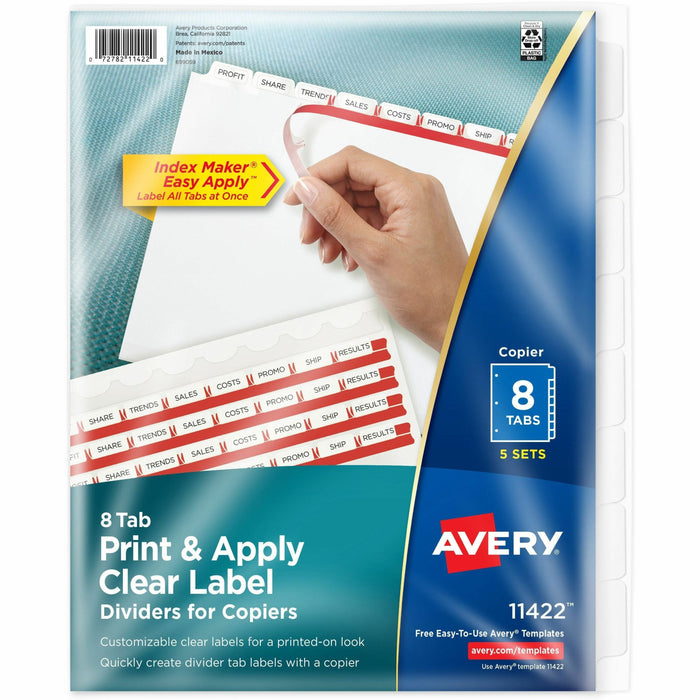 Avery® Print & Apply Clear Label Dividers - Index Maker Easy Peel Printable Labels - 8 Blank Tab(s) - 8 Tab(s)/Set - 8.5" Divider Width x 11" Divider Length - Letter - White Divider - White Tab(s) - 0% - Punched - 1 Pack