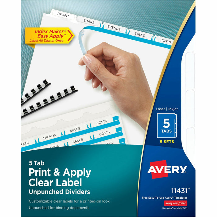 Avery® Print & Apply Label Unpunched Dividers - Index Maker Easy Apply Label Strip - 25 x Divider(s) - 5 Blank Tab(s) - 5 Tab(s)/Set - 8.5" Divider Width x 11" Divider Length - Letter - White Paper Divider - White Tab(s) - 0% - Unpunched, Reinforced Edges