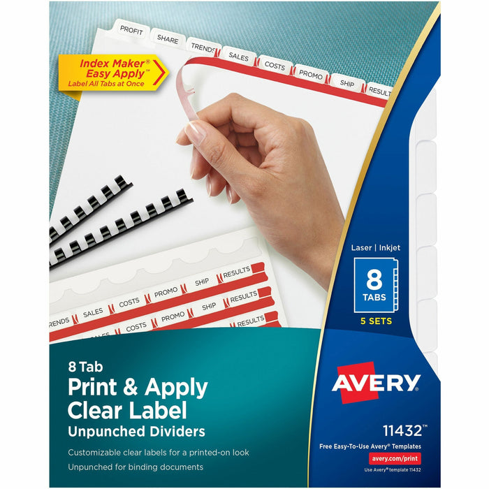 Avery® Print & Apply Label Unpunched Dividers - Index Maker Easy Apply Label Strip - 40 x Divider(s) - 8 Blank Tab(s) - 8 Tab(s)/Set - 8.5" Divider Width x 11" Divider Length - Letter - White Paper Divider - White Tab(s) - 20% Recycled - Unpunched, Reinfo