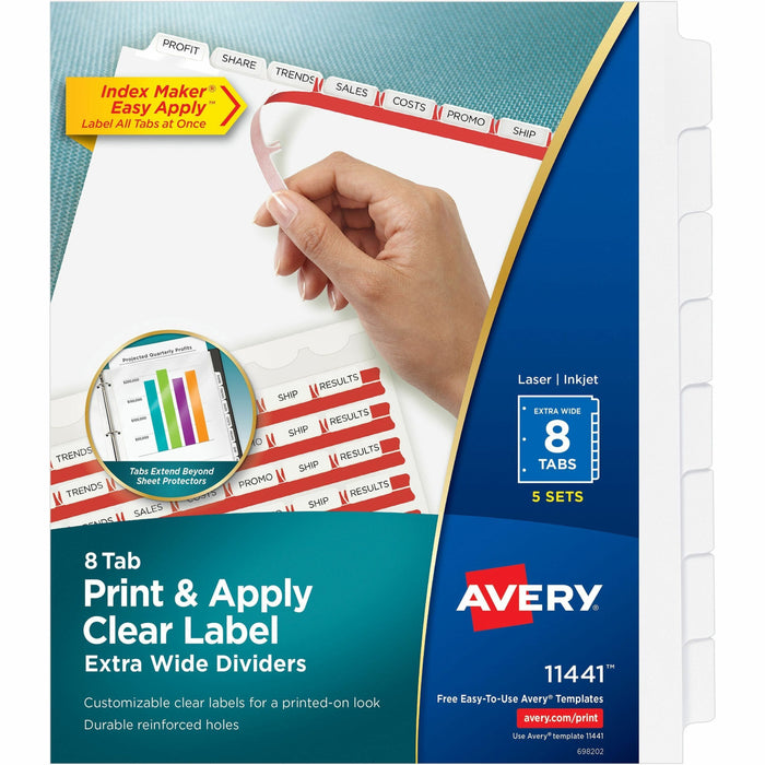 Avery® Index Maker Index Divider - 40 x Divider(s) - 8 Print-on Tab(s) - 8 - 8 Tab(s)/Set - 9.3" Divider Width x 11.25" Divider Length - 3 Hole Punched - White Paper Divider - White Paper Tab(s) - Hole-punched, Printable, Durable, Double-sided, Reinforced