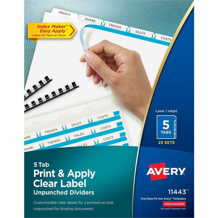 Avery® Print & Apply Label Unpunched Dividers - Index Maker Easy Apply Label Strip - 125 x Divider(s) - 5 Blank Tab(s) - 5 Tab(s)/Set - 8.5" Divider Width x 11" Divider Length - Letter - White Paper Divider - White Tab(s) - 0% - Unpunched, Reinforced Edge