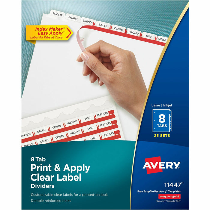 Avery® Print & Apply Clear Label Dividers - Index Maker Easy Apply Label Strip - 200 x Divider(s) - 8 Blank Tab(s) - 8 Tab(s)/Set - 8.5" Divider Width x 11" Divider Length - Letter - 3 Hole Punched - White Paper Divider - White Tab(s) - 0% - Punched - 25