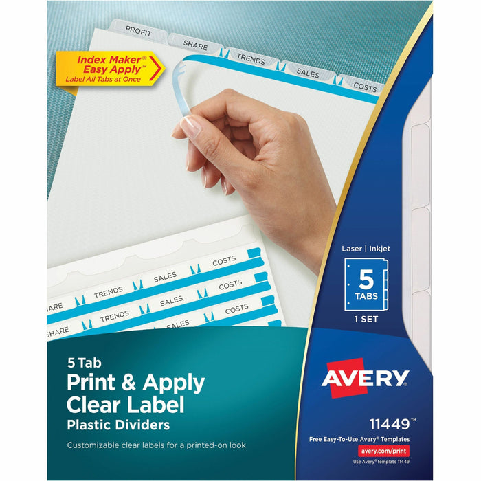 Avery® Index Maker Clear Label Dividers - 5 x Divider(s) - 5 - 5 Tab(s)/Set - 8.5" Divider Width x 11" Divider Length - 3 Hole Punched - Clear Plastic Divider - Frosted Clear Plastic Tab(s) - Durable, Tear Resistant, Hole-punched, Printable, Customizable,