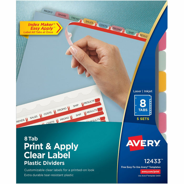 Avery® Print & Apply Translucent Dividers - 40 x Divider(s) - 8 - 8 Tab(s)/Set - 8.5" Divider Width x 11" Divider Length - 3 Hole Punched - Translucent Plastic Divider - Multicolor Plastic Tab(s) - Tear Resistant, Sturdy, Hole-punched, Printable, Customiz