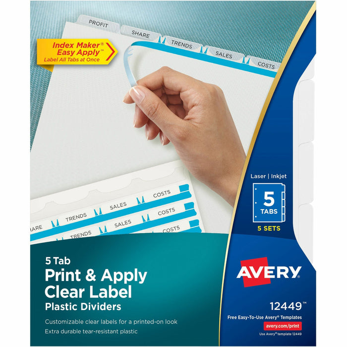 Avery® Print & Apply Translucent Dividers - 25 x Divider(s) - Print-on Tab(s) - 5 - 5 Tab(s)/Set - 8.5" Divider Width x 11" Divider Length - 3 Hole Punched - Translucent Plastic Divider - Frosted Clear Plastic Tab(s) - Hole-punched, Printable, Customizabl