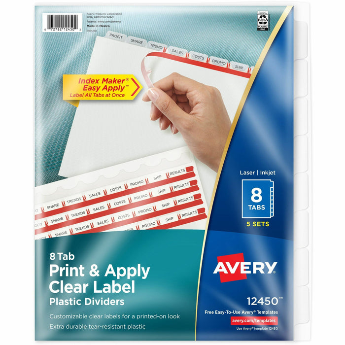 Avery® Index Maker Index Divider - 40 x Divider(s) - 8 - 8 Tab(s)/Set - 8.5" Divider Width x 11" Divider Length - 3 Hole Punched - Translucent Plastic Divider - Frosted Clear Plastic Tab(s) - Hole-punched, Printable, Customizable, Durable, Tear Resistant,