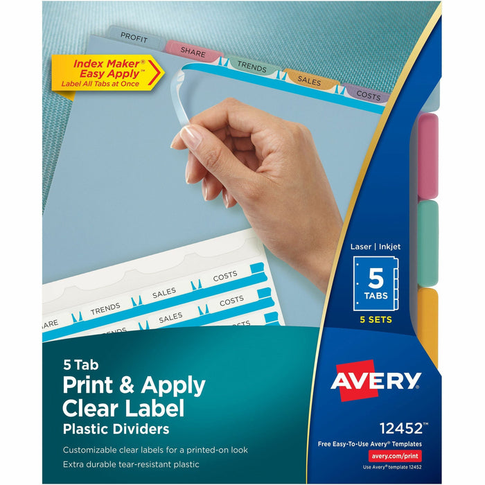 Avery® Print & Apply Translucent Dividers - 25 x Divider(s) - Print-on Tab(s) - 5 - 5 Tab(s)/Set - 8.5" Divider Width x 11" Divider Length - 3 Hole Punched - Translucent Plastic Divider - Multicolor Plastic Tab(s) - Durable, Tear Resistant, Sturdy, Hole-p