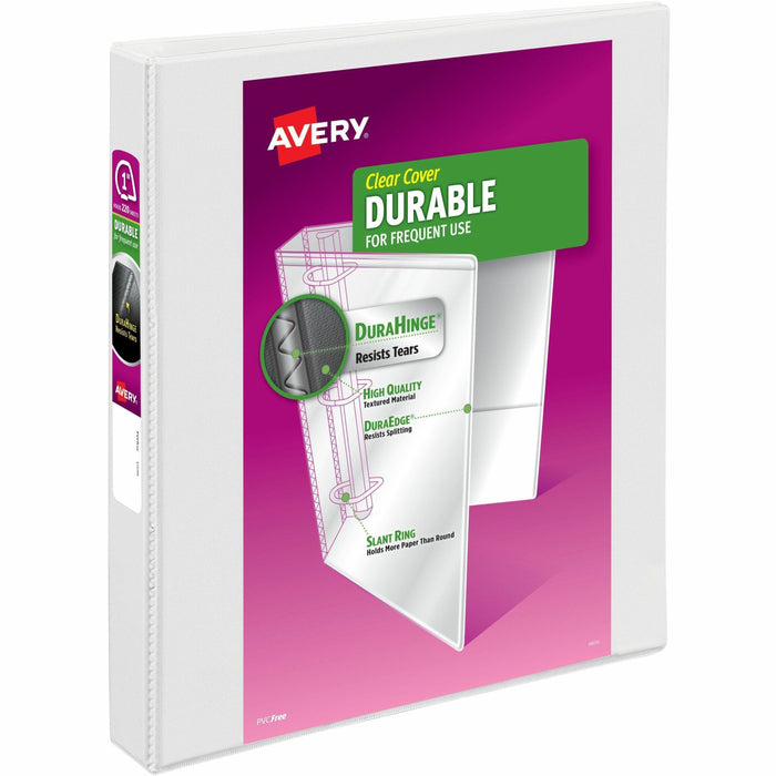 Avery® Durable View 3 Ring Binder - 1" Binder Capacity - Letter - 8 1/2" x 11" Sheet Size - 220 Sheet Capacity - 250 Ring - Fastener: Slant Ring - Pocket: 2, Internal - Polypropylene - White - Recycled - Adhesive, Durable, Flexible, Pocket, Recyclable, Sp