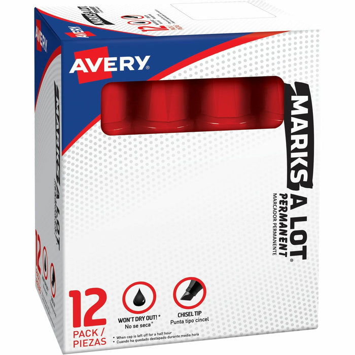 Avery® Marks A Lot Marks A Lot, Permanent Markers, Jumbo Desk-Style, 12 Red (24147) - Red Ink - Red Barrel - Plastic, Metal, Classroom, Office - 12