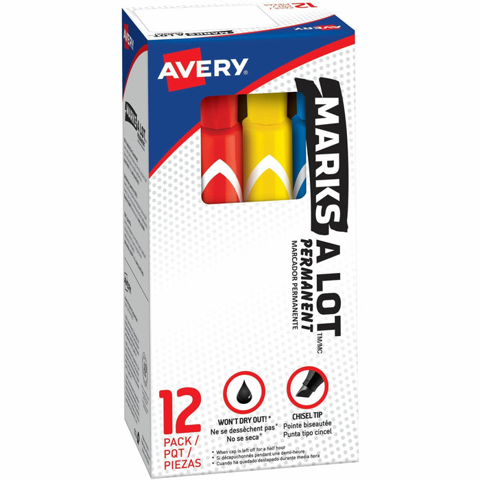 Avery® Marks A Lot Marks A Lot Permanent Markers - Large Desk-Style Size - Chisel Marker Point - Black, Blue, Orange, Green, Purple, Yellow, Red, Brown Ink - Metal, Plastic, Classroom, Office, Warehouse - 12 / Set