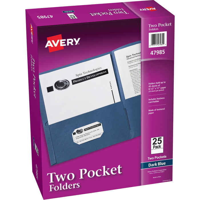 Avery® Letter Pocket Folder - 8 1/2" x 11" - 40 Sheets Capacity - 2 Internal Pocket - Paper - Dark Blue - 0% Recycled - 25 / Box