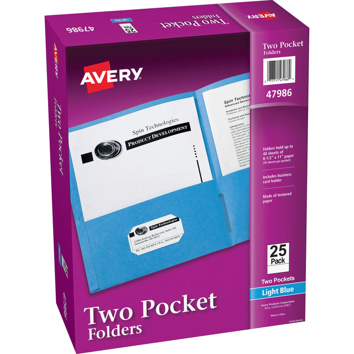 Avery® Letter Pocket Folder - 8 1/2" x 11" - 40 Sheets Capacity - 2 Internal Pocket - Paper - Light Blue - 0% Recycled - 25 / Box
