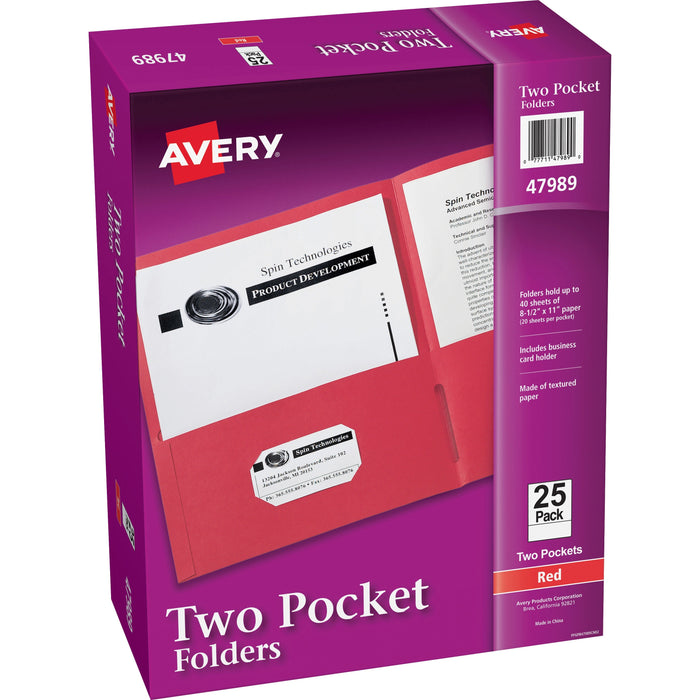 Avery® Letter Pocket Folder - 8 1/2" x 11" - 40 Sheets Capacity - 2 Internal Pocket - Paper - Red - 0% Recycled - 25 / Box