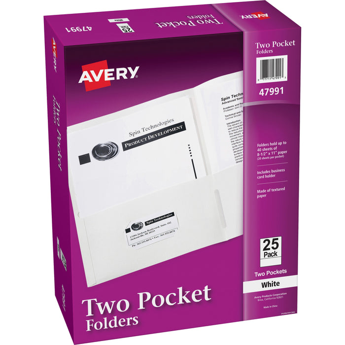 Avery® Letter Pocket Folder - 8 1/2" x 11" - 40 Sheets Capacity - 2 Internal Pocket - Paper - White - Die-cut, Lightweight, Flexible, Textured, Scuff Resistant, Pocket, Label - 0% Recycled - 25 / Box