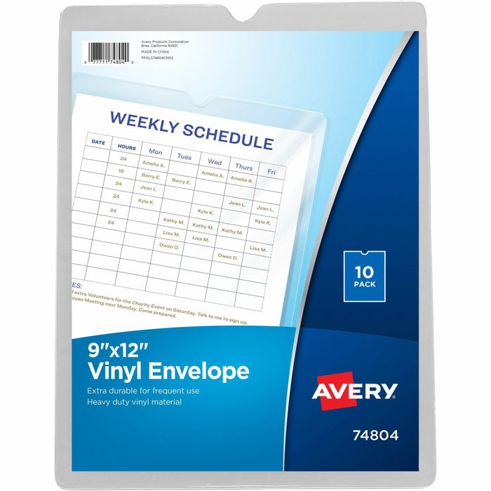 Avery® Vinyl File Pocket - 9" x 12" - 60 Sheets Capacity - 1 Pocket - Vinyl - Clear - Heavyweight, Heavy Duty, Wear Resistant, Tear Resistant, Sturdy, Foldable - 10 / Pack
