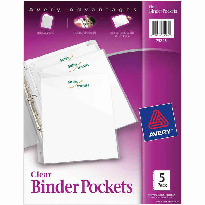 Avery® Letter Vinyl File Pocket - 8 1/2" x 11" - 20 Sheets Capacity - 3 Pocket - Polypropylene, Plastic - Clear - Acid-free, Archival-safe, Tear Resistant, PVC-free, Durable, Pocket, Damage Resistant, Wear Resistant, Pre-punched, Ink-transfer Resistant -