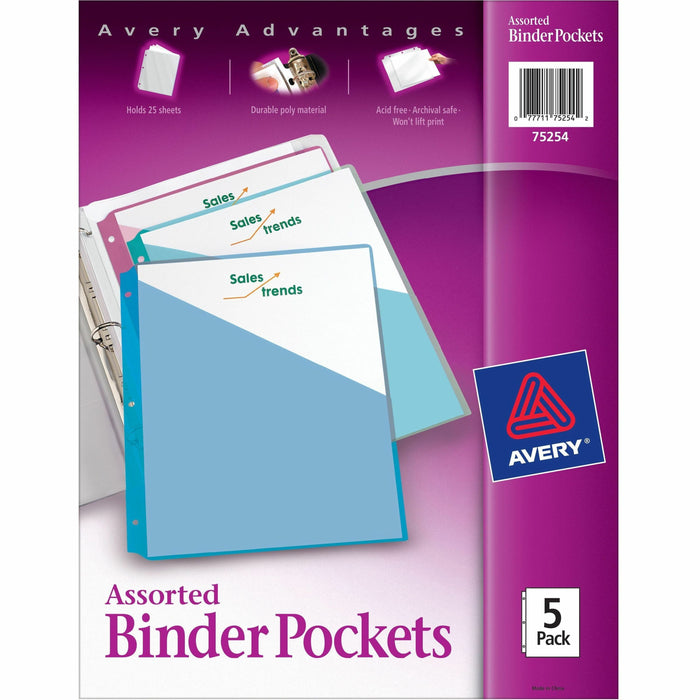Avery® Durable Letter Vinyl File Pocket - 8 1/2" x 11" - 20 Sheets Capacity - 3 Pocket - Polypropylene - Assorted - Tear Resistant, Acid-free, Archival-safe, PVC-free, Durable - 5 / Pack