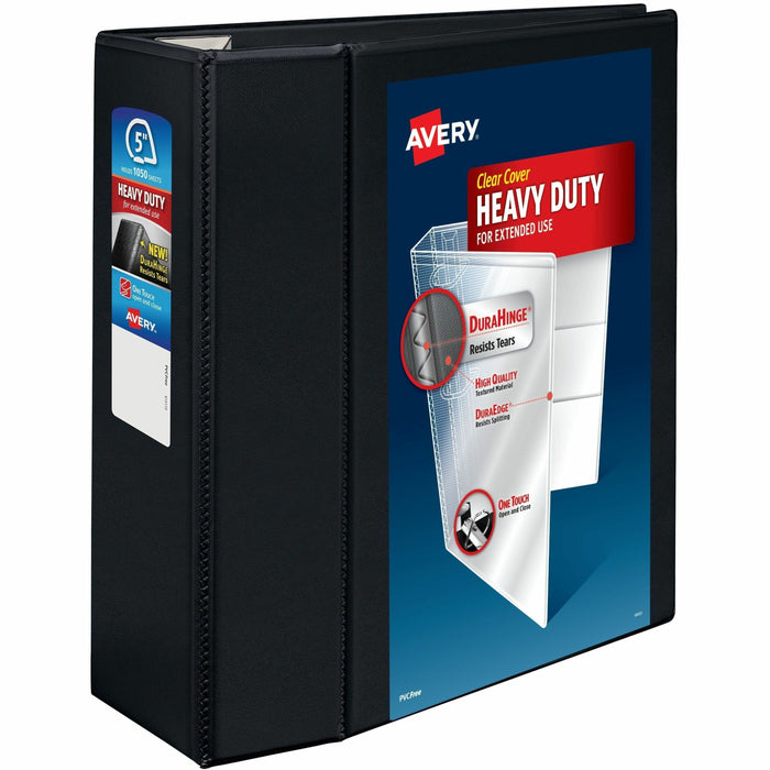 Avery® Heavy-Duty View Binders with One Touch EZD Rings - 5" Binder Capacity - Letter - 8 1/2" x 11" Sheet Size - 1050 Sheet Capacity - 1050 x 5" Ring - Fastener: Ring - Pocket: 4, Internal - Polypropylene - Black - Recycled - Adhesive, Clear Overlay, Cus