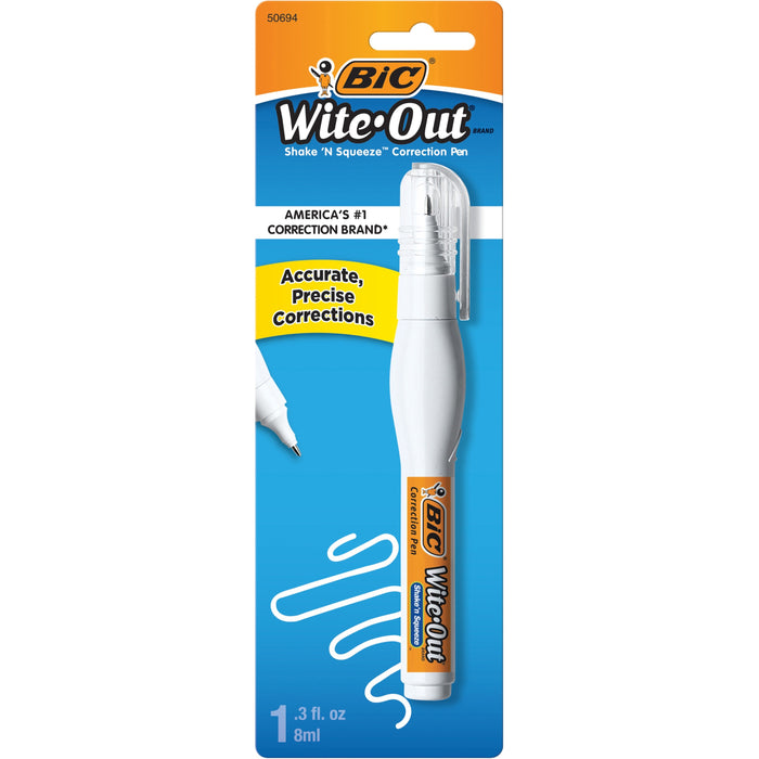 BIC Shake 'n Squeeze Correction Pen, White - Tip Applicator - 8 mL - White - Fast-drying, Pocket Clip - 1 Pack