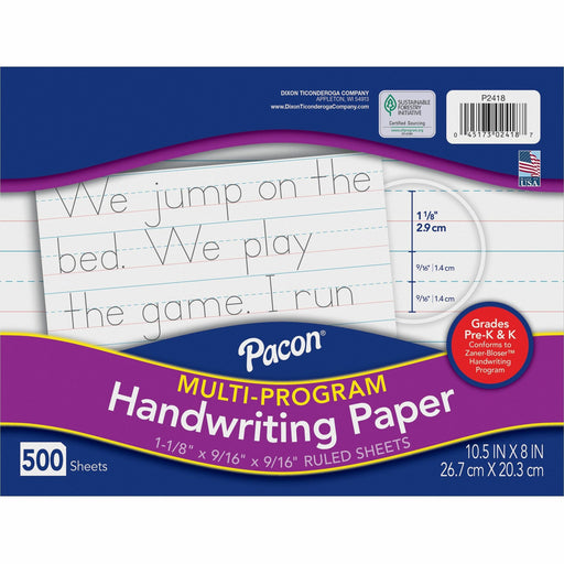 Pacon Multi-Program Handwriting Papers - 500 Sheets - 1.13" Ruled - Unruled Margin - 10 1/2" x 8" Sheet Size - White Paper - 1 Ream