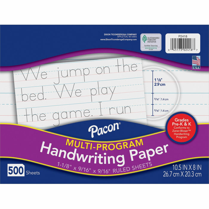 Pacon Multi-Program Handwriting Papers - 500 Sheets - 1.13" Ruled - Unruled Margin - 10 1/2" x 8" Sheet Size - White Paper - 1 Ream