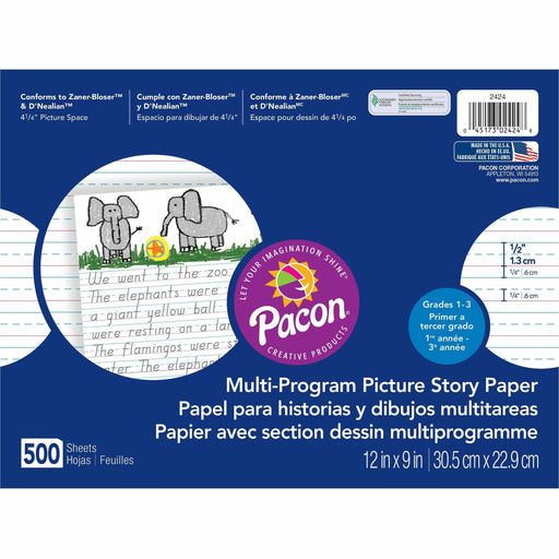 Pacon Multi-program Picture Story Paper - 0.50" Ruled - 4.25" Picture Story Space - Unruled Margin - 12" x 9" Sheet Size - Assorted Chipboard Cover - Hard Cover - 1 Ream