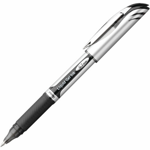 Pentel EnerGel Deluxe Rollerball Pen - 0.7 mm Medium Pen Point - Refillable - Black Ink - Gel-based - Silver Barrel - 12 / Box