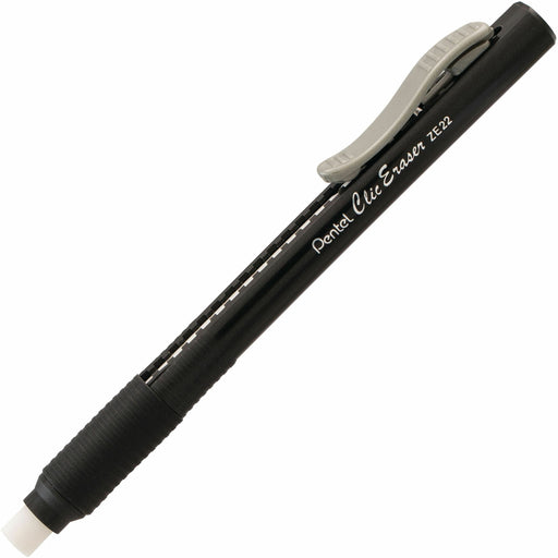 Pentel Rubber Grip Clic Eraser - Black - Black Barrel - Pen - Refillable - 1 Each - Retractable, Latex-free Grip, Ghost Resistant, Pocket Clip