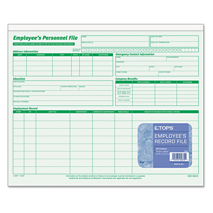 Employee's Record File Folder, Straight Tabs, Letter Size, Index Stock, Green, 20/Pack