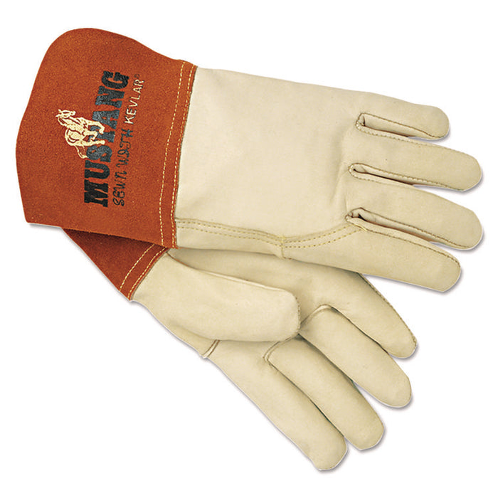 Mustang Leather MIG/TIG Welding Work Gloves, ANSI Level 2 Heat Resistance, Gunn Cut, Wing Thumb, Large, Cream/Russet, 12 Pair