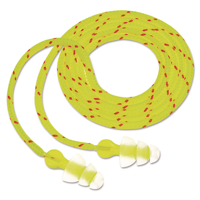Tri-Flange Earplugs, Corded, 26 dB NRR, One Size Fits Most, Clear/Yellow 3-Flange Plugs, 100/Box