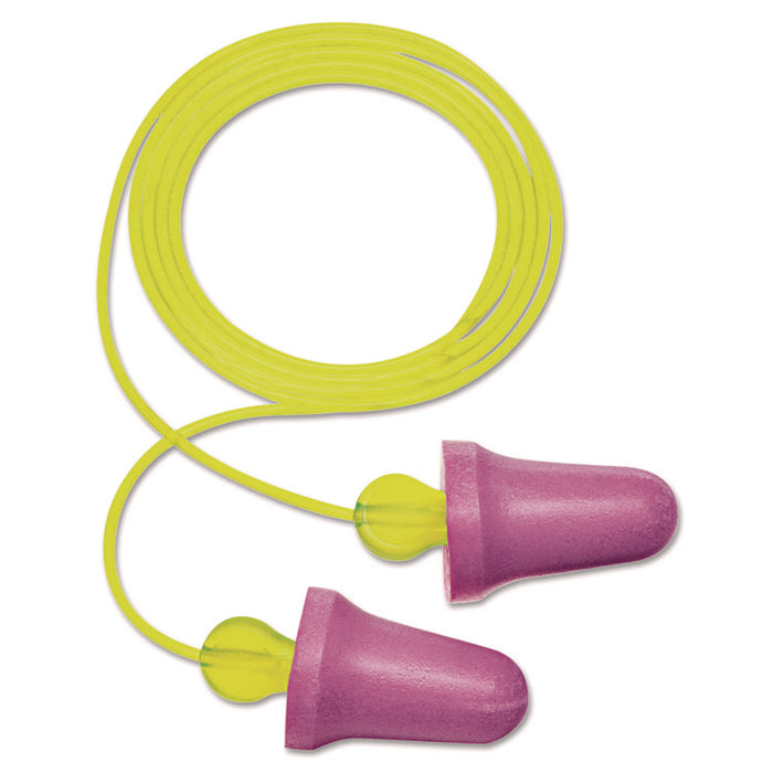 No-Touch Push-to-Fit Single-Use Earplugs, Corded, 29 dB NRR, One Size Fits Most, Purple Bell/T-Shaped Plugs, 100/Box