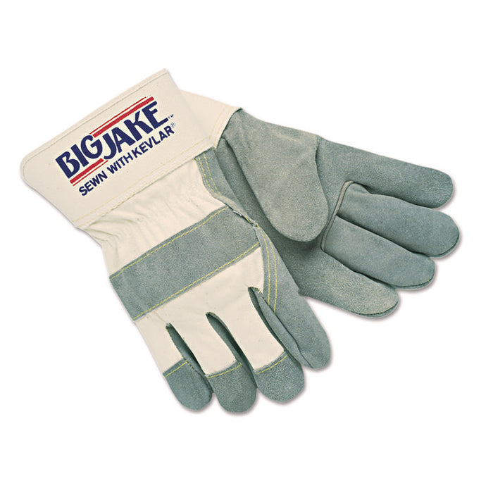Big Jake Series Premium Leather Palm Work Gloves, EN388: 4243, Gunn Cut, Wing Thumb, 11" Long, Large, Natural/Gray, 12 Pairs