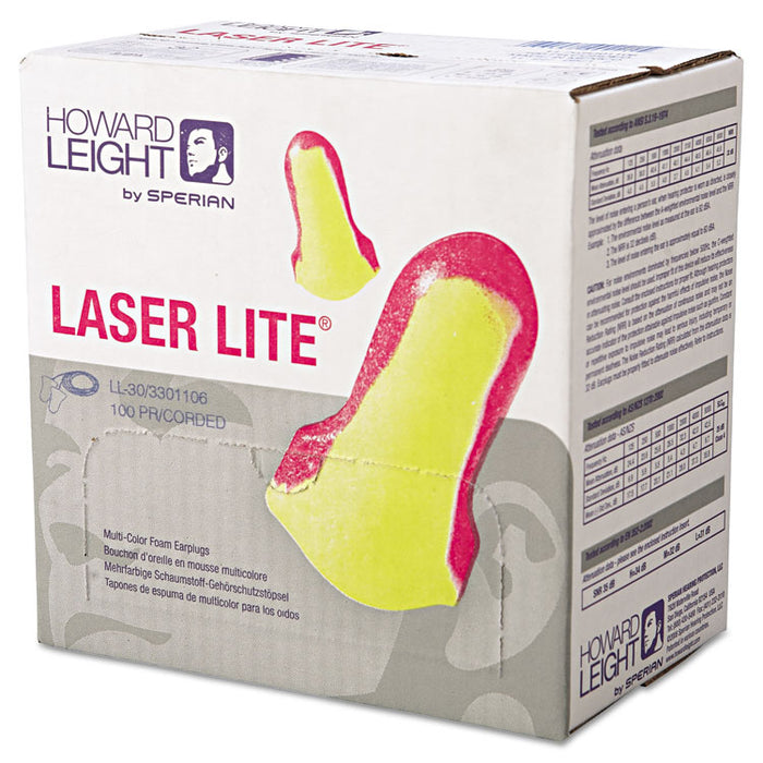 Laser Lite Single-Use Earplugs, Corded, 32 dB NRR, One Size Fits Most, Yellow/Magenta Bell/T-Shaped Plugs, 100/Box