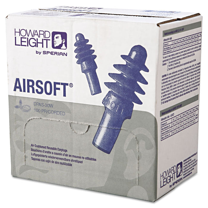 AirSoft Multiple-Use Corded Earplugs, White Cord, 27 dB NRR, One Size Fits Most, Blue 4-Flange Plugs, 100/Box