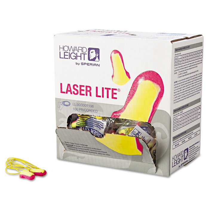 Laser Lite Single-Use Earplugs, Corded, 32 dB NRR, One Size Fits Most, Yellow/Magenta Bell/T-Shaped Plugs, 100/Box