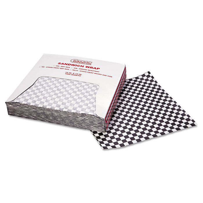 Grease-Resistant Paper Wraps and Liners, 12" x 12", Black Check, 1000/Box, 5 Boxes/Carton