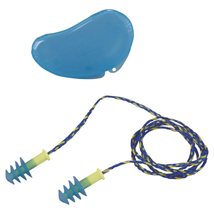 Fusion Multiple-Use Earplugs, Corded, 27 dB NRR, One Size Fits Most, Blue/Yellow 4-Flange Plugs, 100/Box