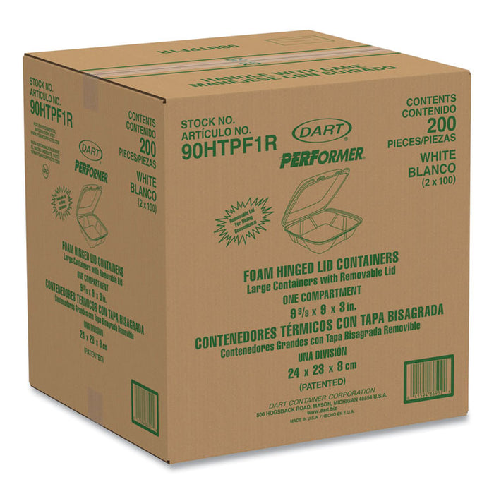 Foam Hinged Lid Container, Performer Perforated Lid, 9 x 9.4 x 3, White, 100/Bag, 2 Bag/Carton